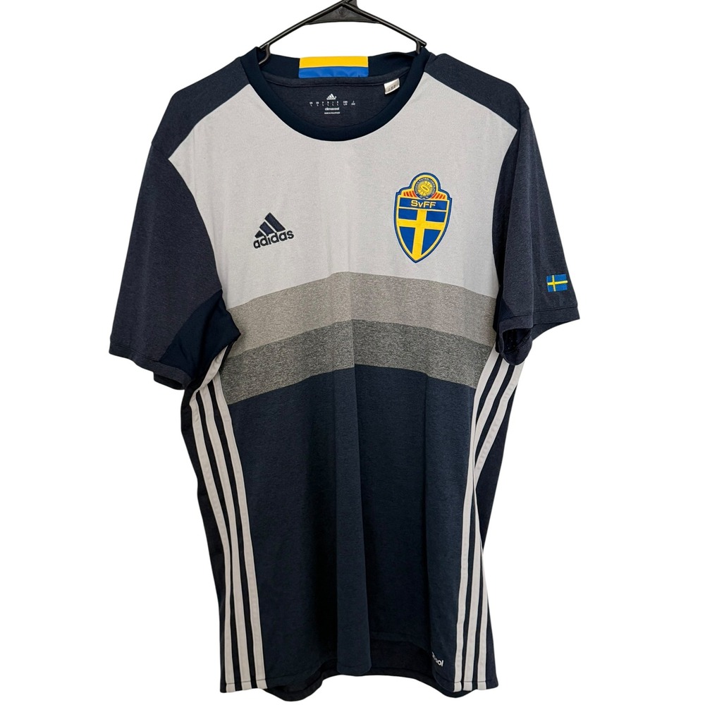 Adidas Sweden SvFF Soccer Training Shirt Mens Large Navy Blue Grey Climacool Tee